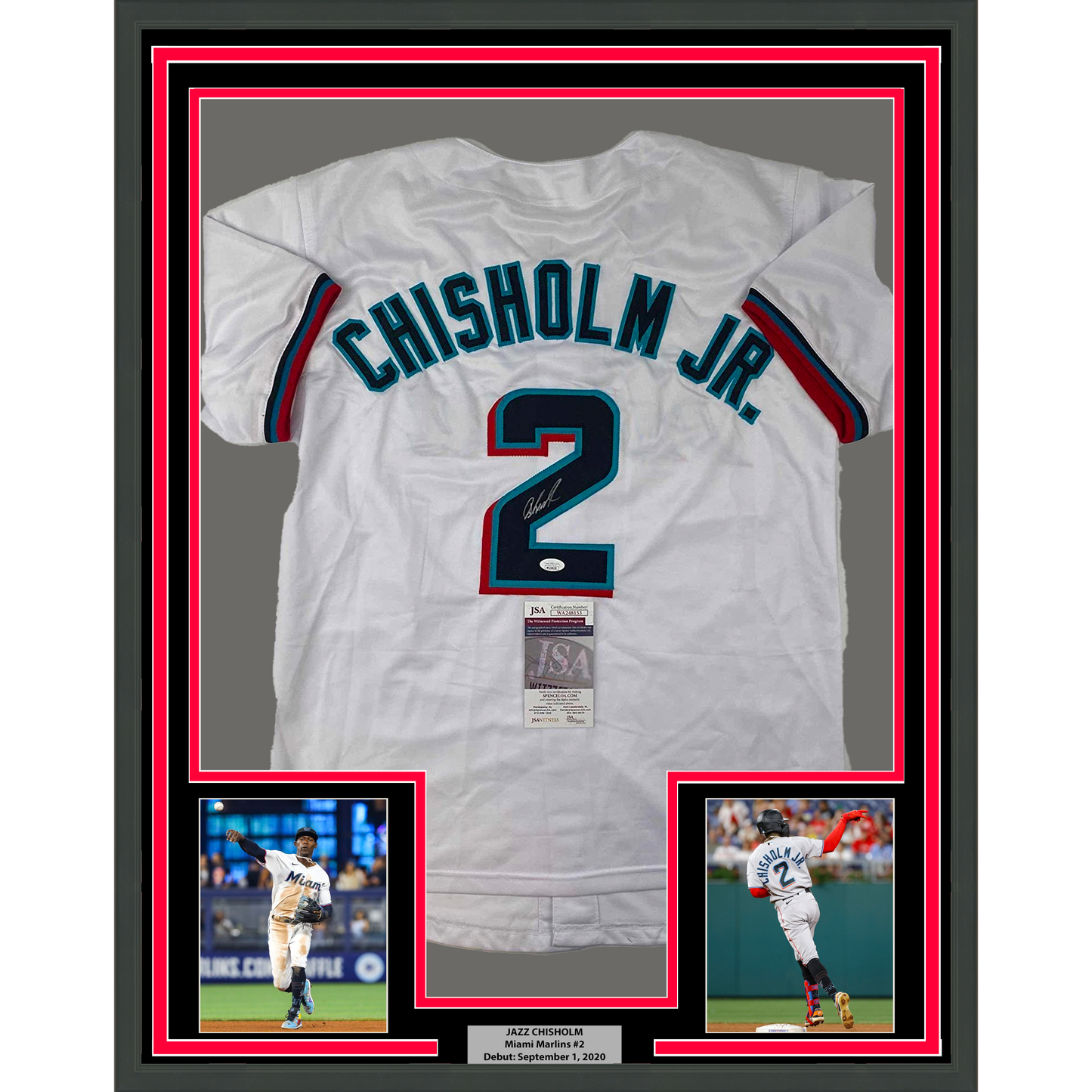 Framed Autographed/Signed Jazz Chisholm Jr. 35x39 Miami White Baseball Jersey JSA COA