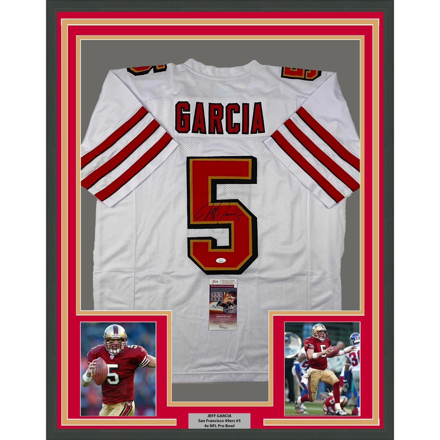 Framed Autographed/Signed Jeff Garcia 35x39 San Francisco White Football Jersey JSA COA