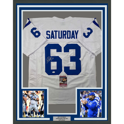 Framed Autographed/Signed Jeff Saturday 35x39 Indianapolis White Football Jersey JSA COA