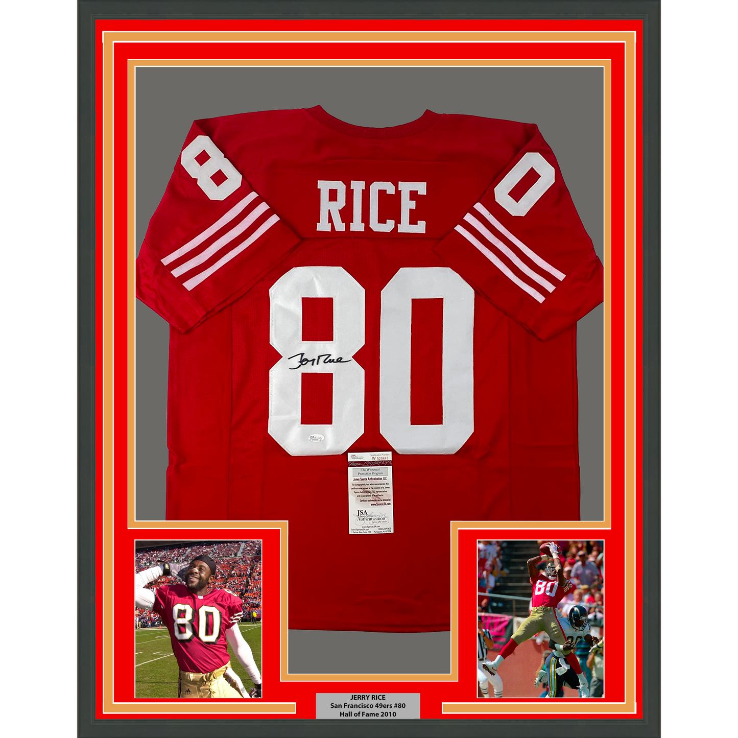 Framed Autographed/Signed Jerry Rice 35x39 San Francisco Red Football Jersey JSA COA
