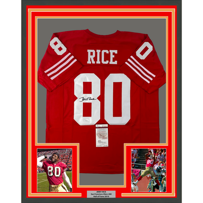 Framed Autographed/Signed Jerry Rice 35x39 San Francisco Red Football Jersey JSA COA