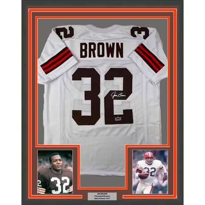 Framed Facsimile Autographed Jim Brown 35x39 Cleveland White Reprint Laser Auto Football Jersey