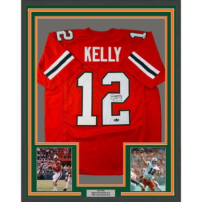Framed Facsimile Autographed Jim Kelly 35x39 Miami Orange Reprint Laser Auto College Football Jersey