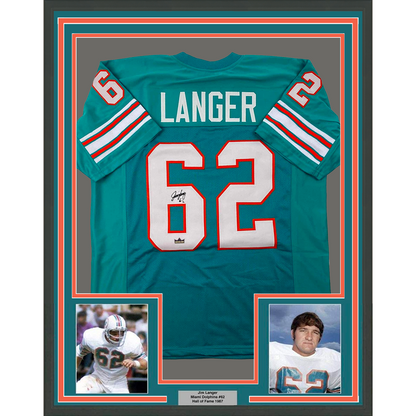 Framed Facsimile Autographed Jim Langer 35x39 Miami Teal Reprint Laser Auto Football Jersey