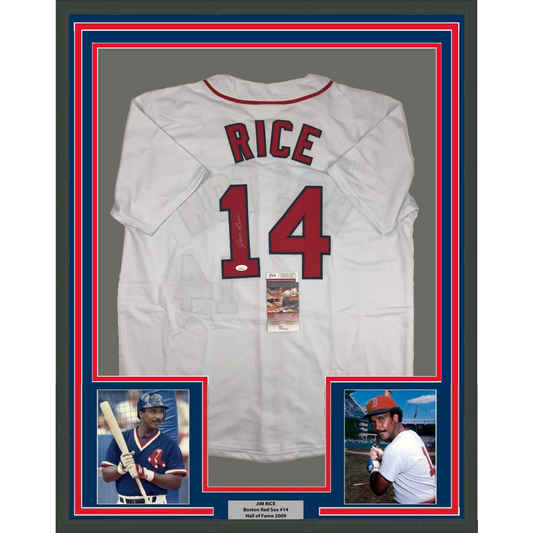 Framed Autographed/Signed Jim Rice 35x39 Boston White Baseball Jersey JSA COA
