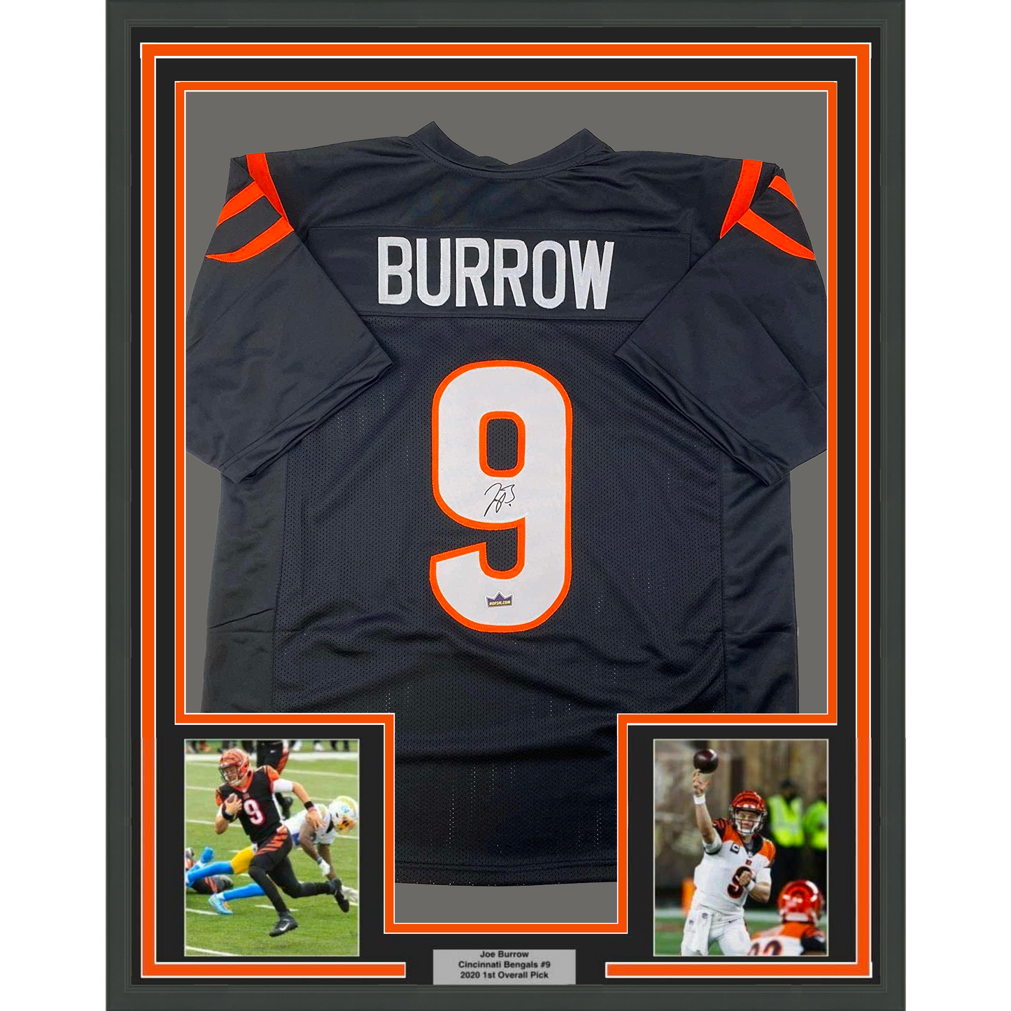 Framed Facsimile Autographed Joe Burrow 35x39 Cincinnati Black Reprint Laser Auto Football Jersey Size Men's XL