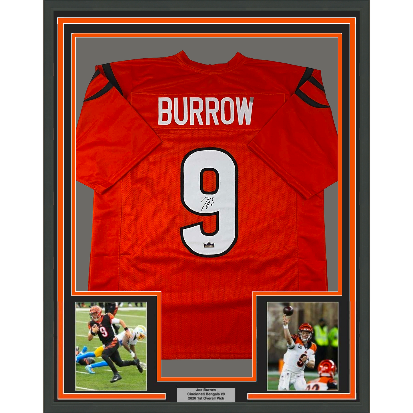 Framed Facsimile Autographed Joe Burrow 35x39 Cincinnati Orange Reprint Laser Auto Football Jersey Size Men's XL