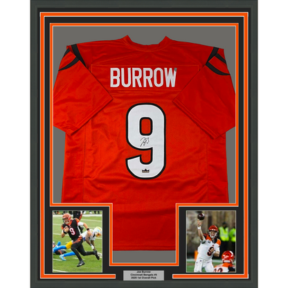Framed Facsimile Autographed Joe Burrow 35x39 Cincinnati Orange Reprint Laser Auto Football Jersey Size Men's XL
