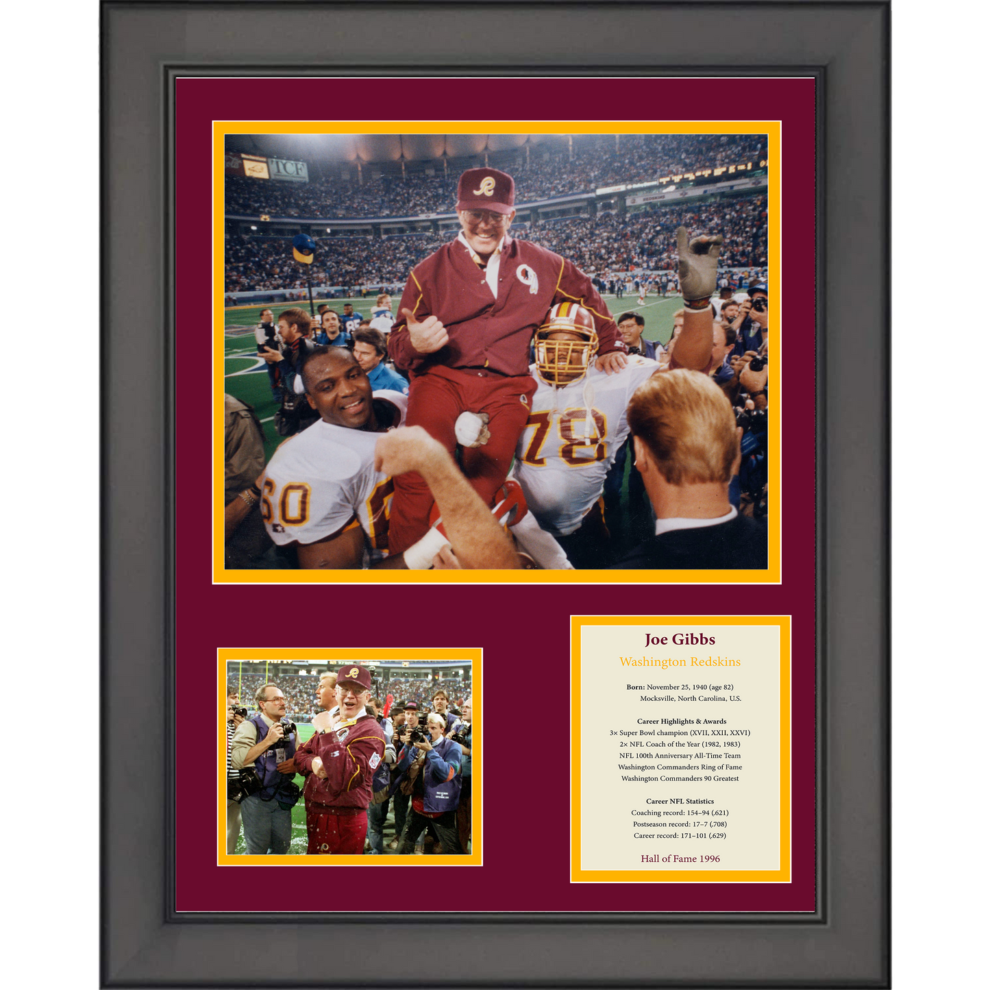 Framed Joe Gibbs Hall of Fame Washington Commanders Football 11"x14" Three Photo Collage