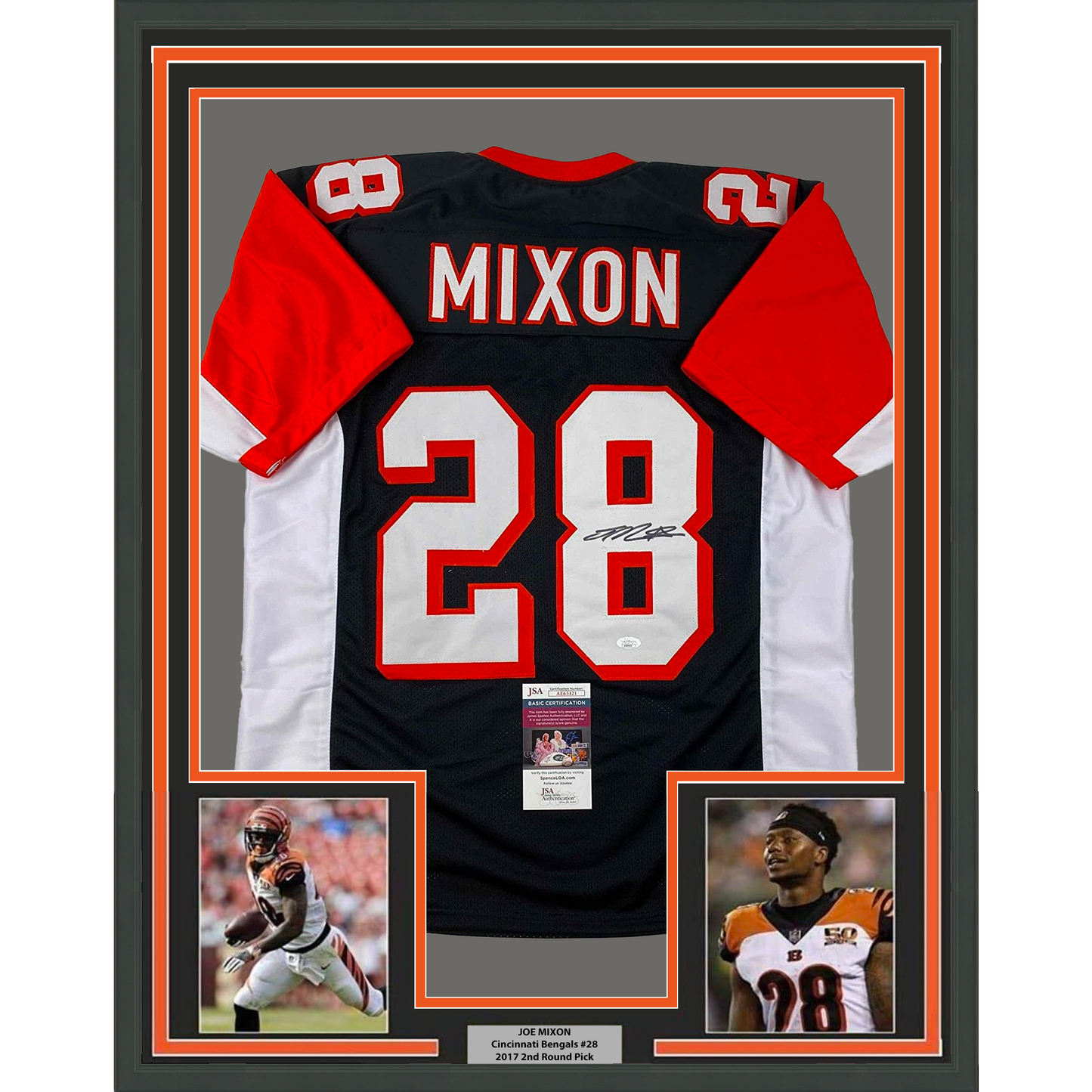 Framed Autographed/Signed Joe Mixon 35x39 Cincinnati Black Football Jersey JSA COA #2