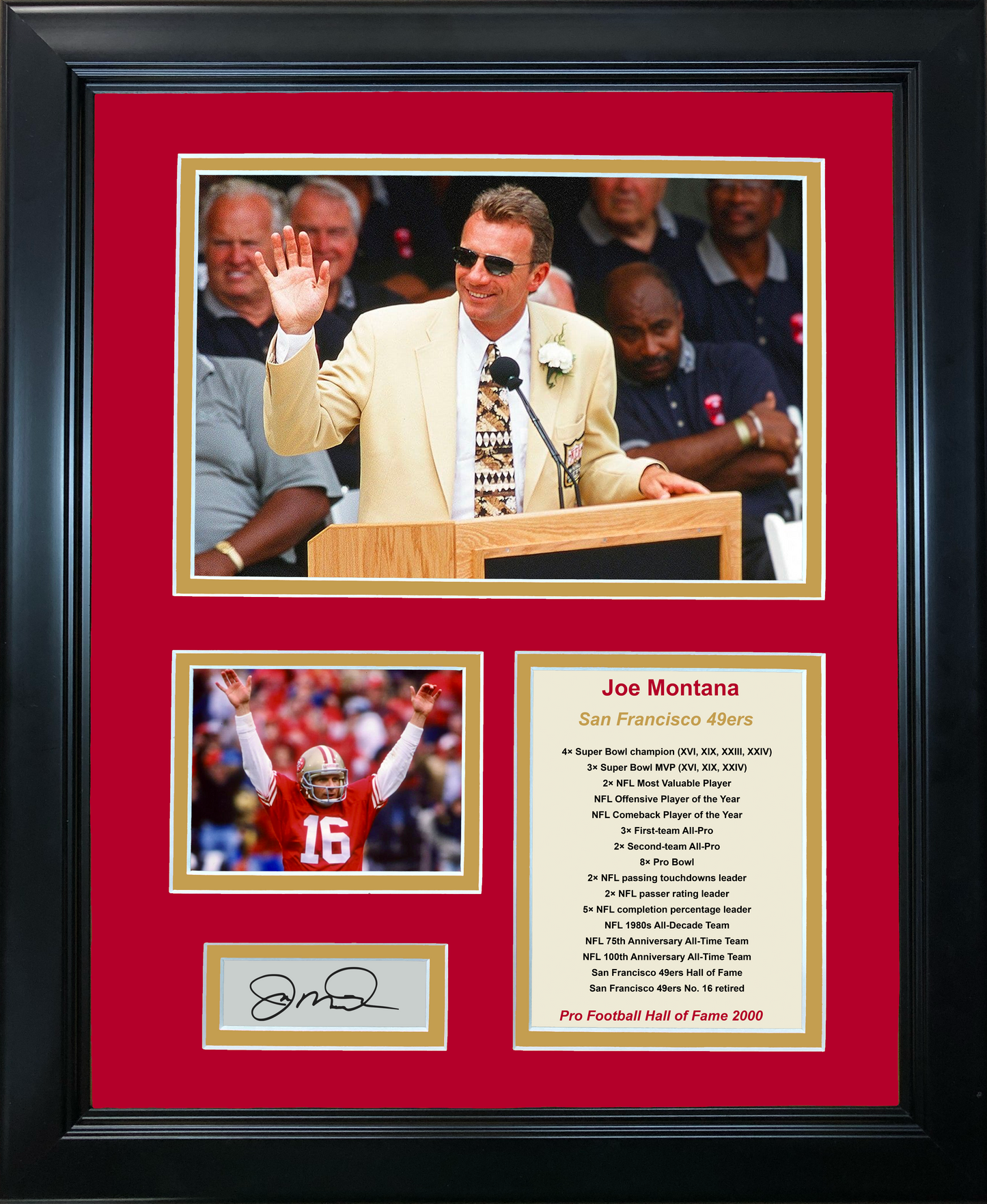 Framed Joe Montana Hall of Fame Facsimile Laser Engraved Signature Auto San Francisco 49ers 11"x14" Photo Sig Collage
