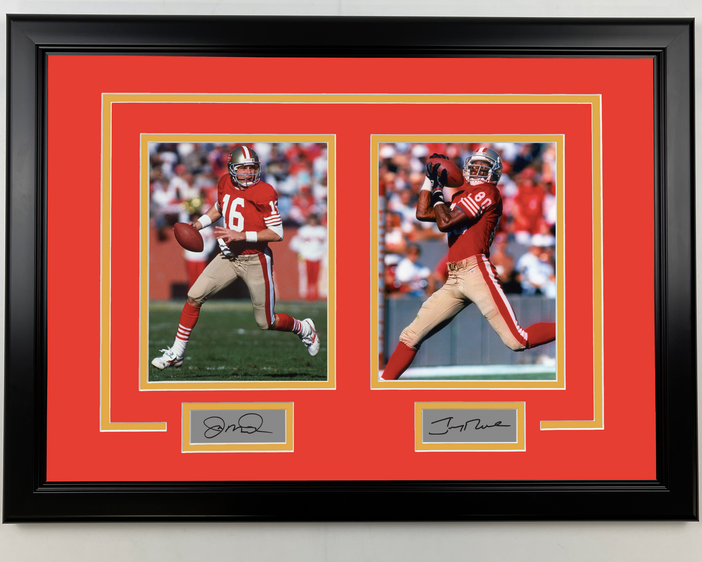 Framed Joe Montana and Jerry Rice Facsimile Laser Engraved Signatures San Francisco 49ers 17x23 Dual Football Photo