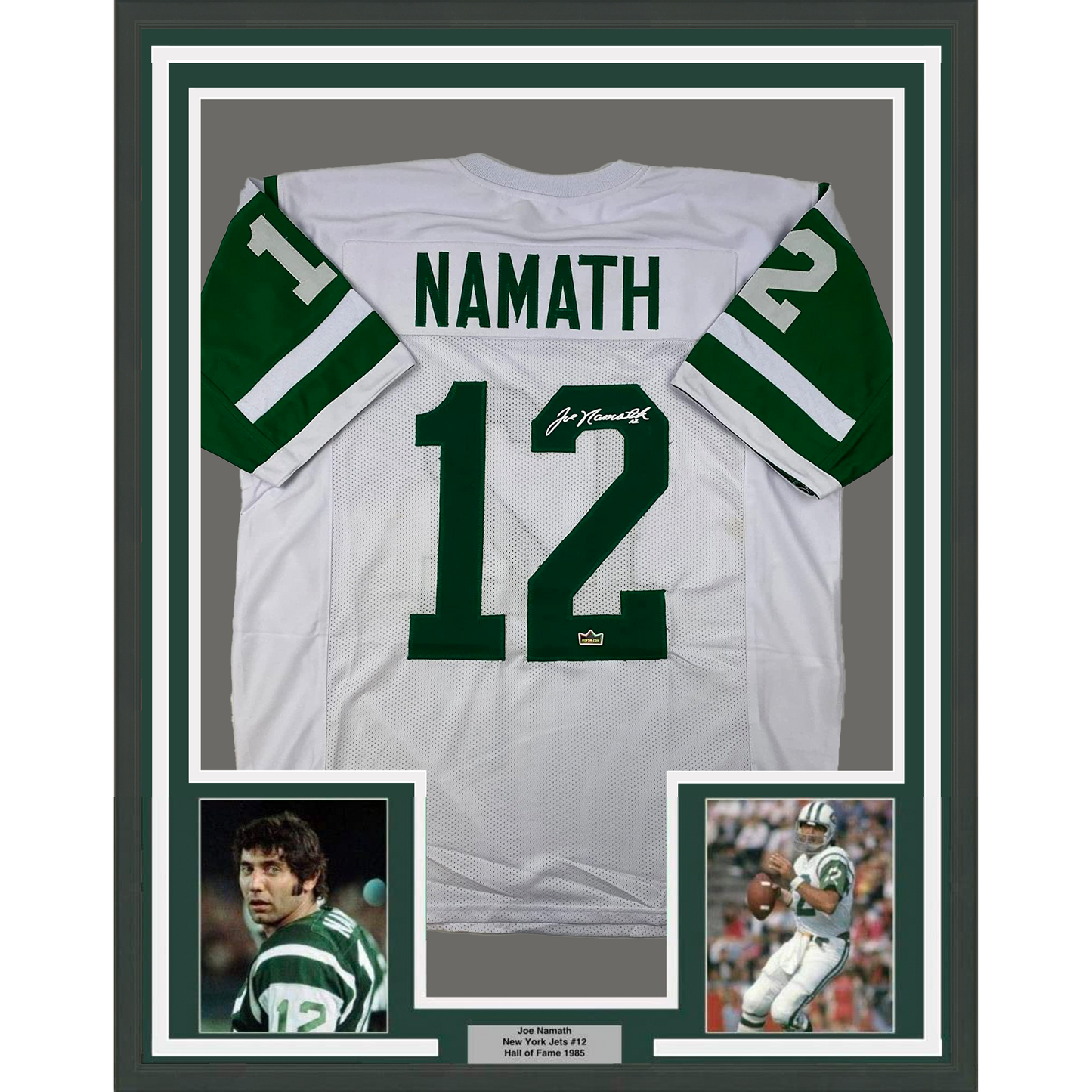 Framed Facsimile Autographed Joe Namath 35x39 New York White Reprint Laser Auto Football Jersey