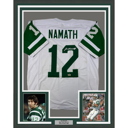 Framed Facsimile Autographed Joe Namath 35x39 New York White Reprint Laser Auto Football Jersey