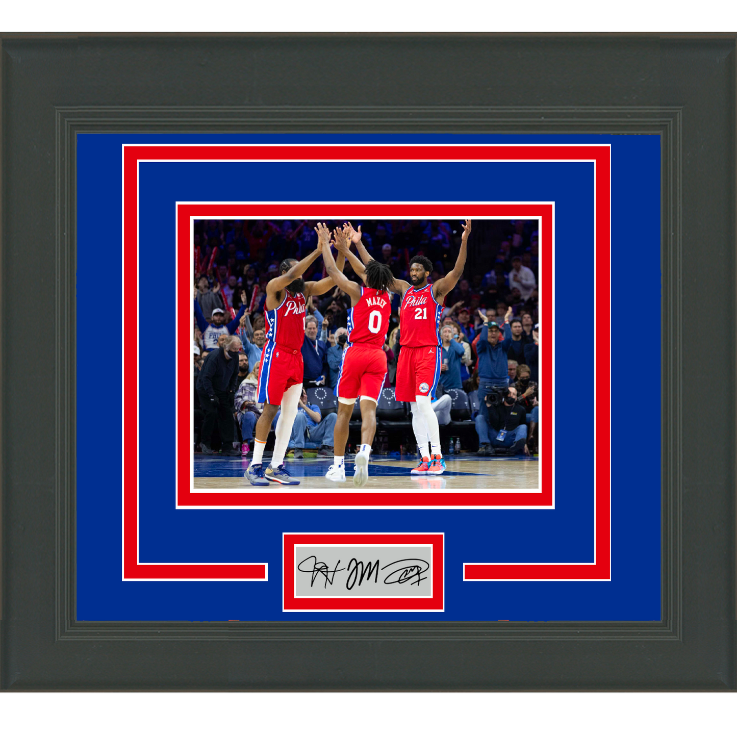 Framed Joel Embiid James Harden Tyrese Maxey Facsimile Laser Engraved Signature Auto Philadelphia 76ers 11x14 Basketball Photo