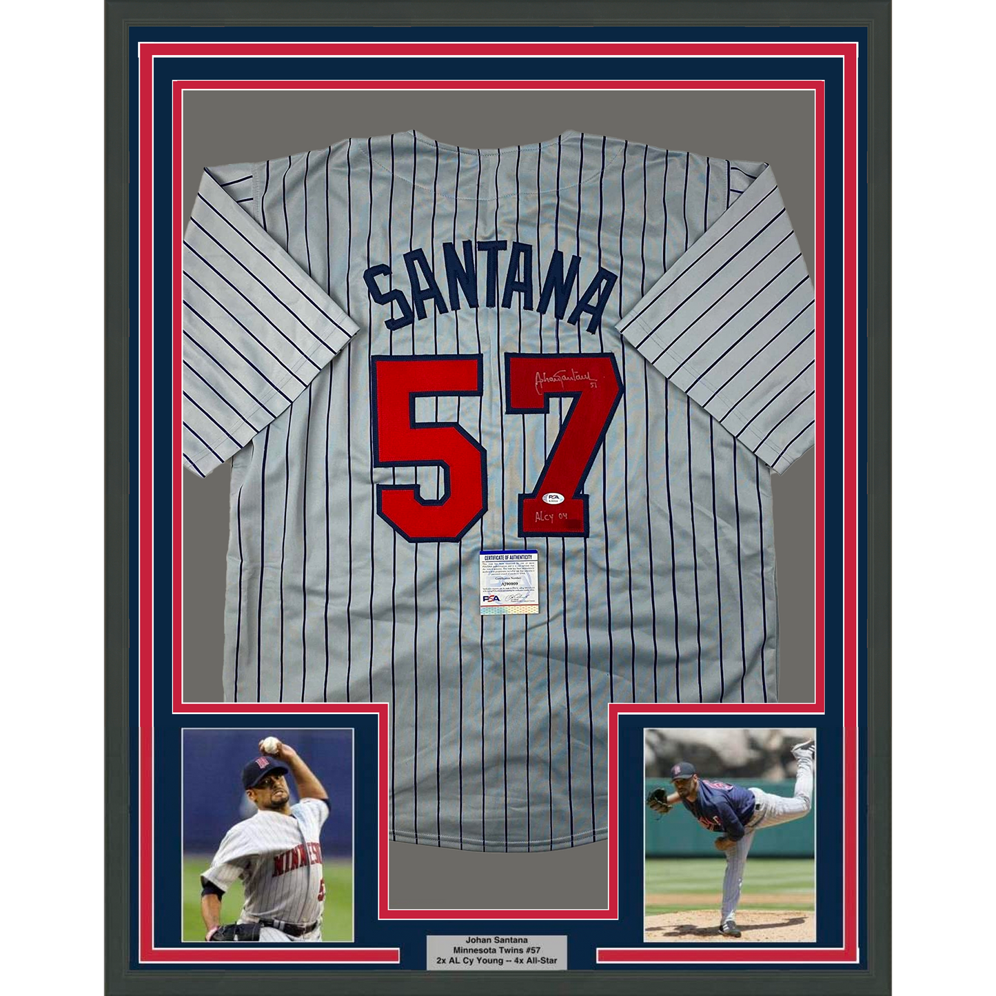 Framed Autographed/Signed Johan Santana 35x39 Minnesota Grey Pinstripe Baseball Jersey PSA/DNA COA