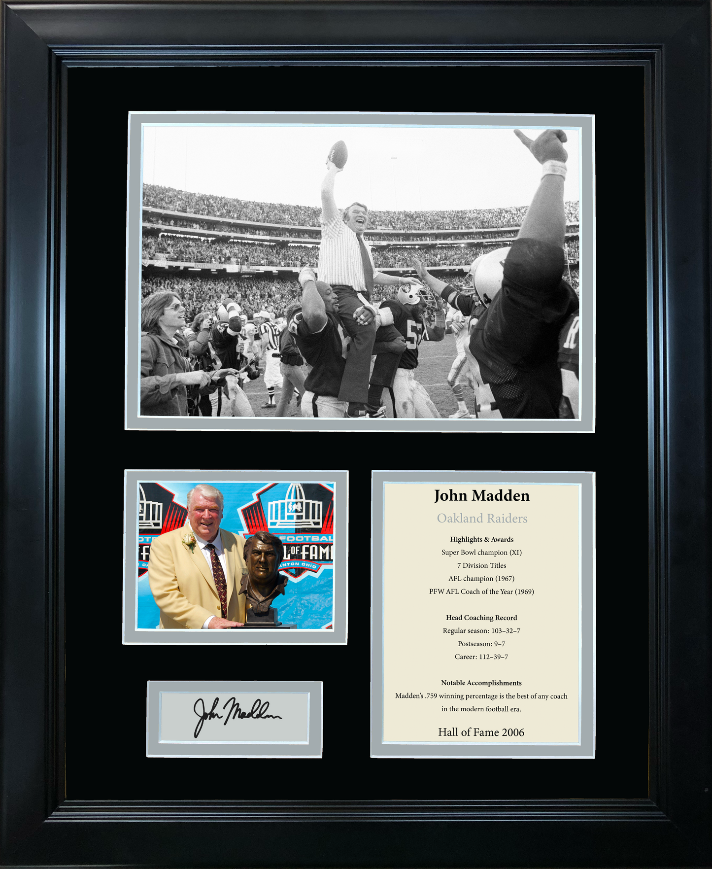 Framed John Madden Hall of Fame Facsimile Laser Engraved Signature Auto Oakland Las Vegas Raiders 11"x14" Football Photo Sig Collage