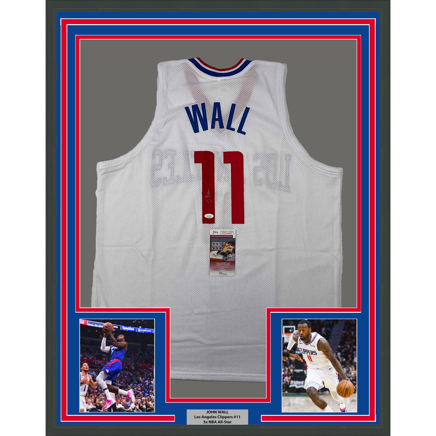 Framed Autographed/Signed John Wall 35x39 Los Angeles White Basketball Jersey JSA COA