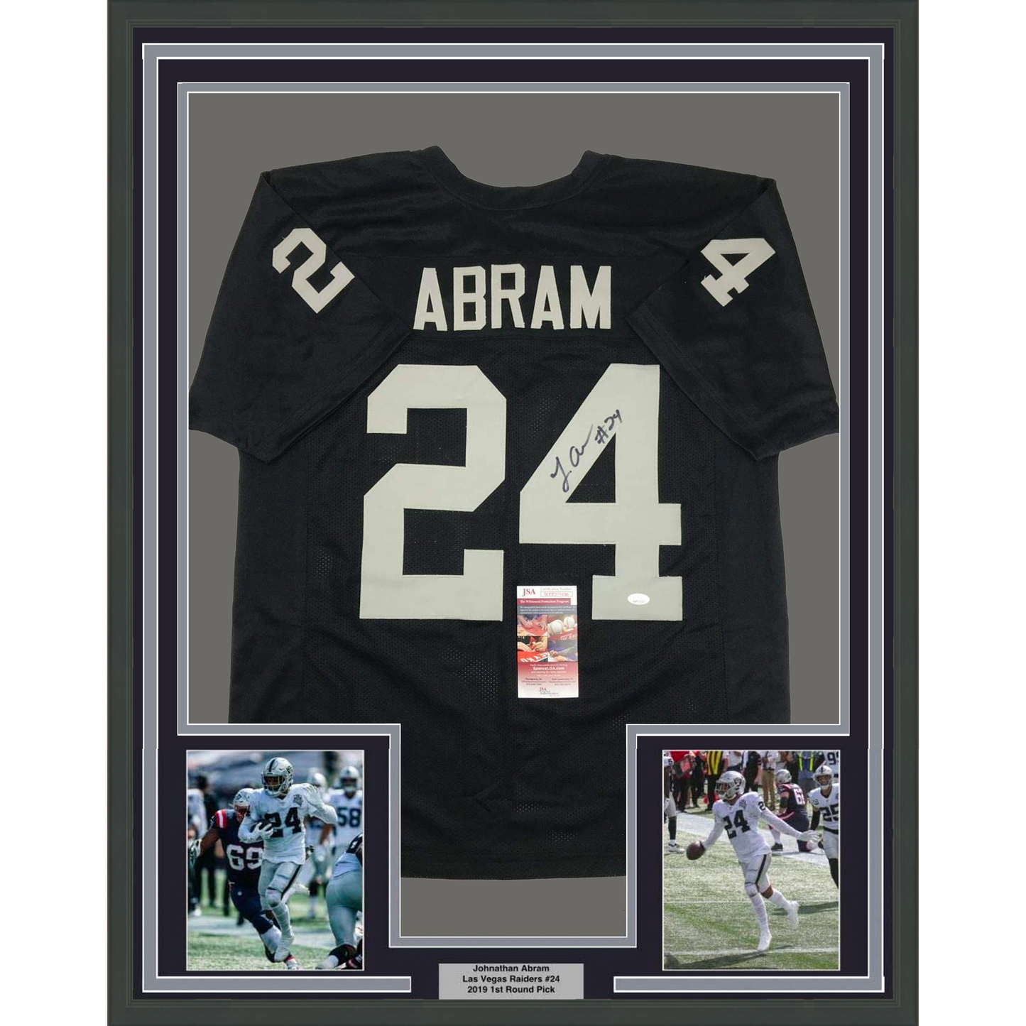 Framed Autographed/Signed Johnathan Abram 35x39 Las Vegas Oakland Black Football Jersey JSA COA