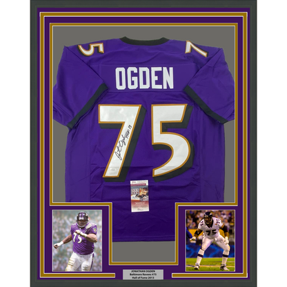 Framed Autographed/Signed Jonathan Ogden 35x39 HOF 13 Baltimore Purple Football Jersey JSA COA