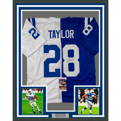 Framed Autographed/Signed Jonathan Taylor 35x39 Indianapolis Split Football Jersey JSA COA