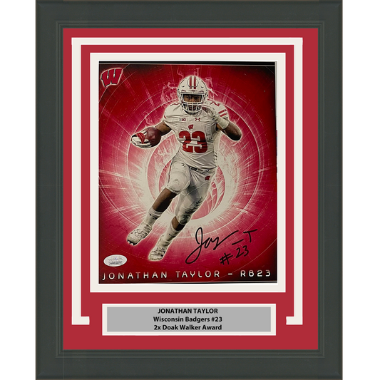 Framed Autographed/Signed Jonathan Taylor Wisconsin Badgers 8x10 College Football Photo JSA COA #9
