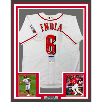 Framed Autographed/Signed Jonathan India 35x39 2021 NL ROY Cincinnati White Baseball Jersey JSA COA