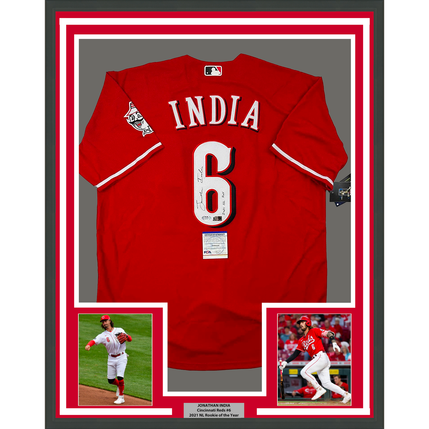 Framed Autographed/Signed Jonathan India 35x39 2021 NL ROY Cincinnati Red Baseball Jersey JSA COA