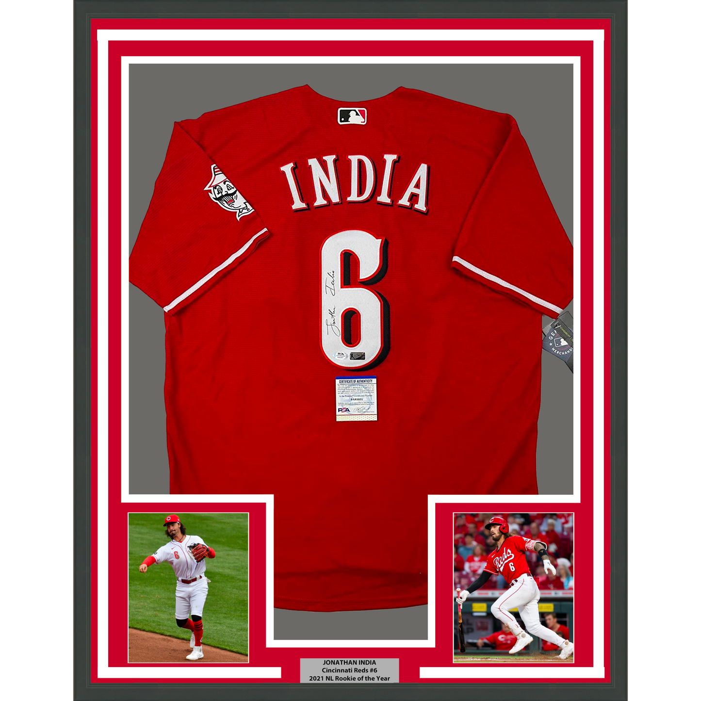 Framed Autographed/Signed Jonathan India 35x39 Cincinnati Red Baseball Jersey JSA COA