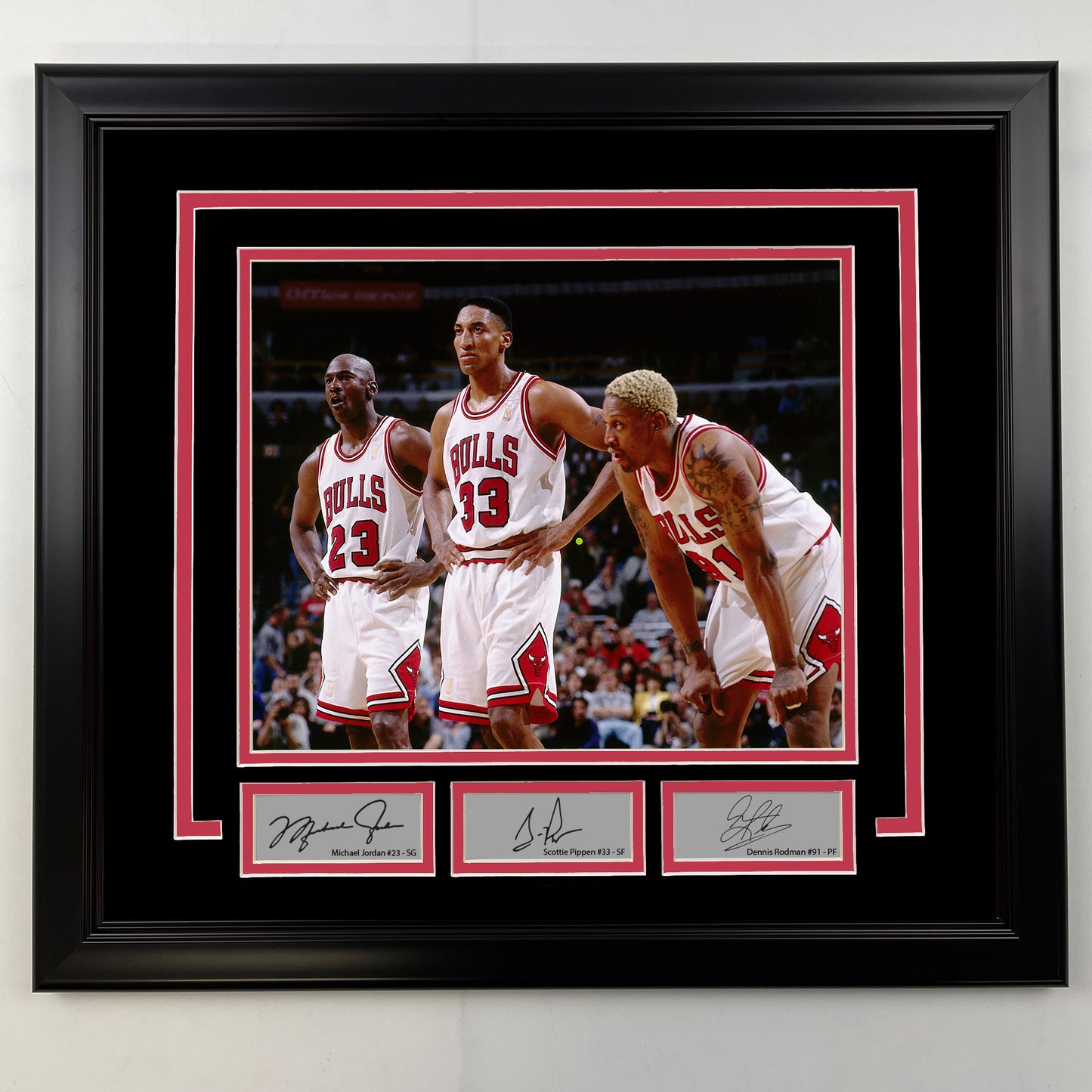 Framed Michael Jordan, Scottie Pippen and Dennis Rodman Facsimile Laser Engraved Signatures Chicago Bulls 19x21 Basketball Photo