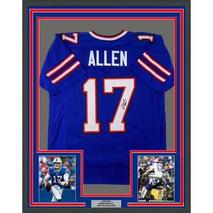 Framed Facsimile Autographed Josh Allen 35x39 Buffalo Blue Reprint Laser Auto Football Jersey Size Men's XL