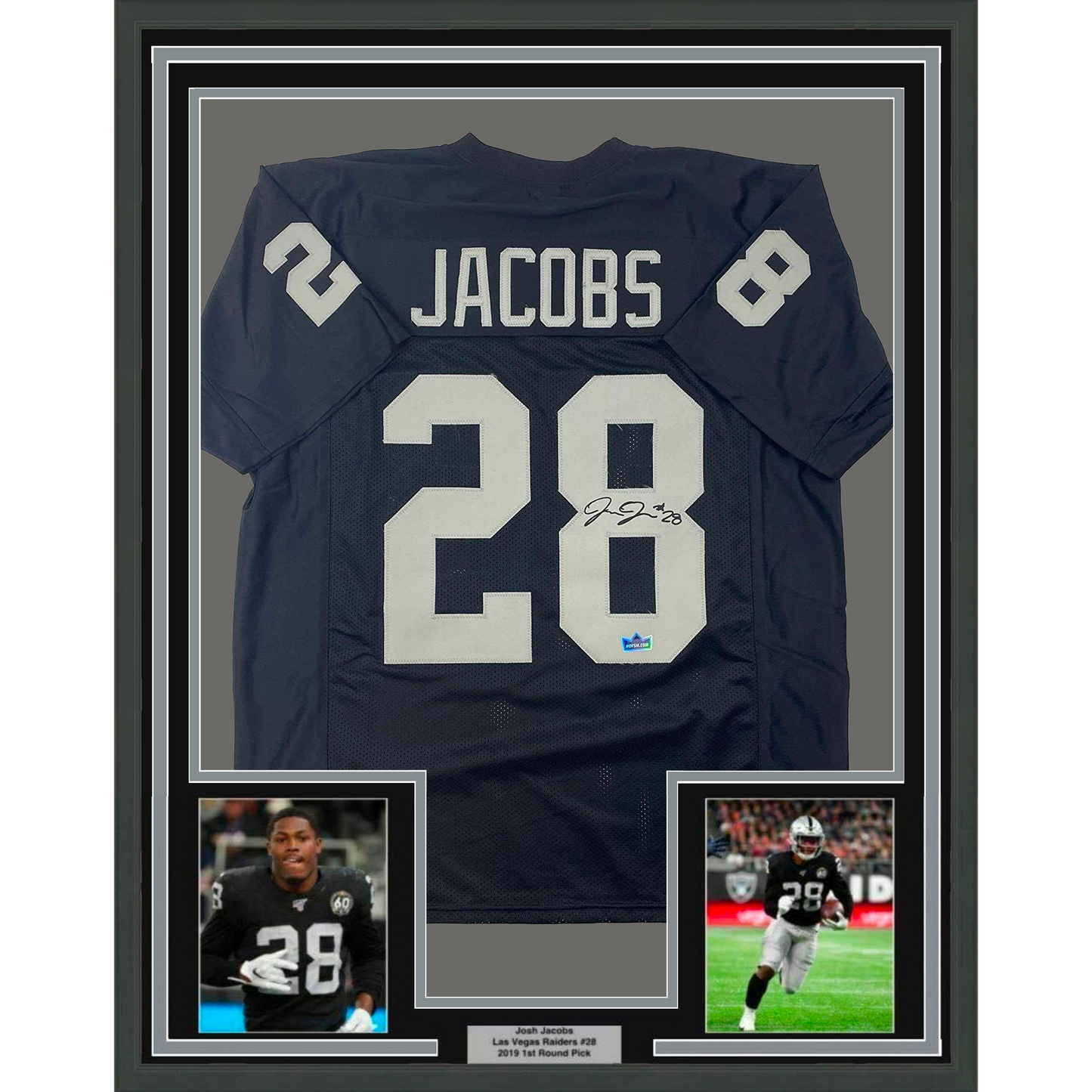 Framed Facsimile Autographed Josh Jacobs 35x39 Oakland Las Vegas Black Reprint Laser Auto Football Jersey