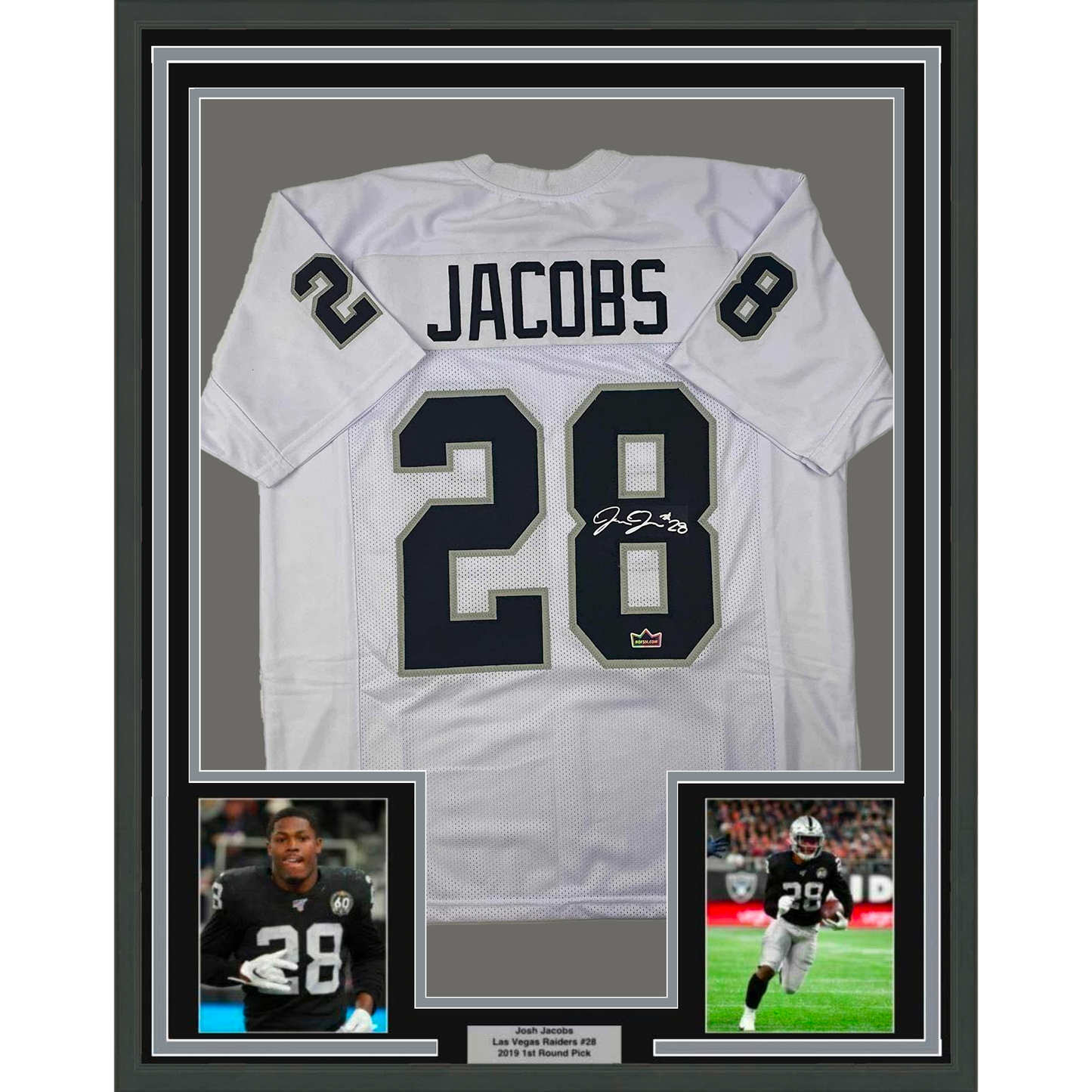 Framed Facsimile Autographed Josh Jacobs 35x39 Oakland Las Vegas White Reprint Laser Auto Football Jersey