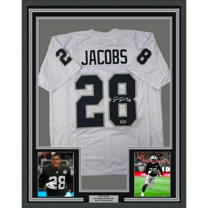Framed Facsimile Autographed Josh Jacobs 35x39 Oakland Las Vegas White Reprint Laser Auto Football Jersey
