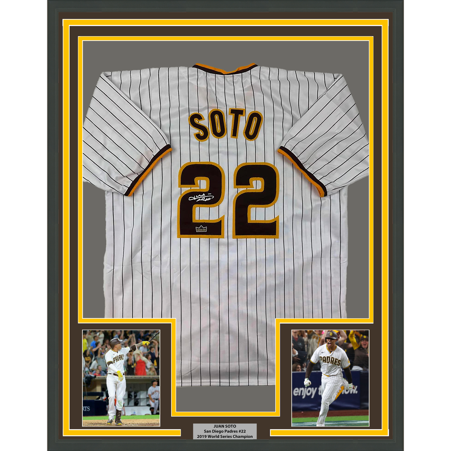 Framed Facsimile Autographed Juan Soto 35x39 San Diego Pinstripe Reprint Laser Auto Baseball Jersey