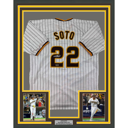 Framed Facsimile Autographed Juan Soto 35x39 San Diego Pinstripe Reprint Laser Auto Baseball Jersey
