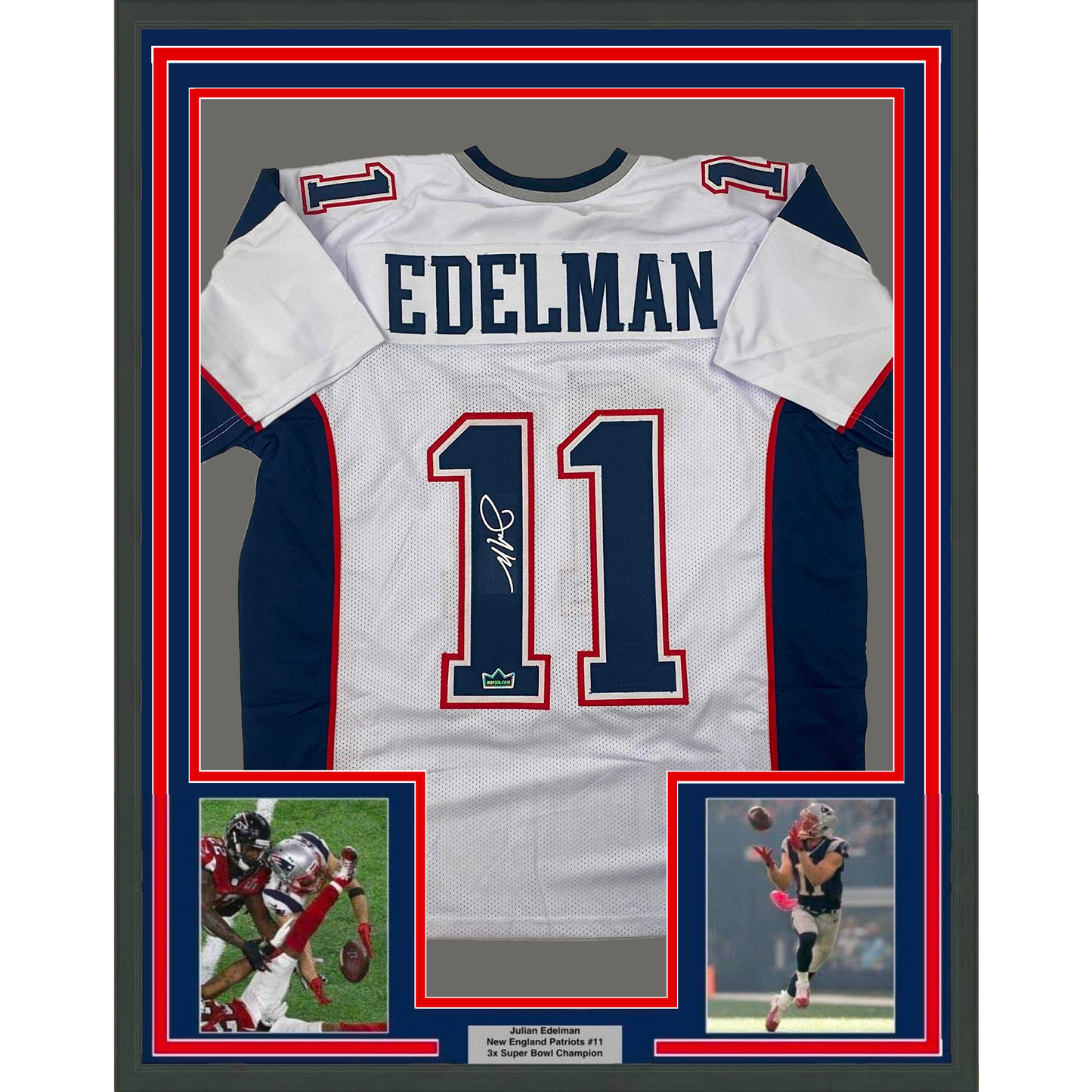 Framed Facsimile Autographed Julian Edelman 35x39 New England White Reprint Laser Auto Football Jersey