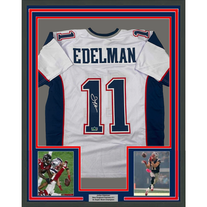 Framed Facsimile Autographed Julian Edelman 35x39 New England White Reprint Laser Auto Football Jersey
