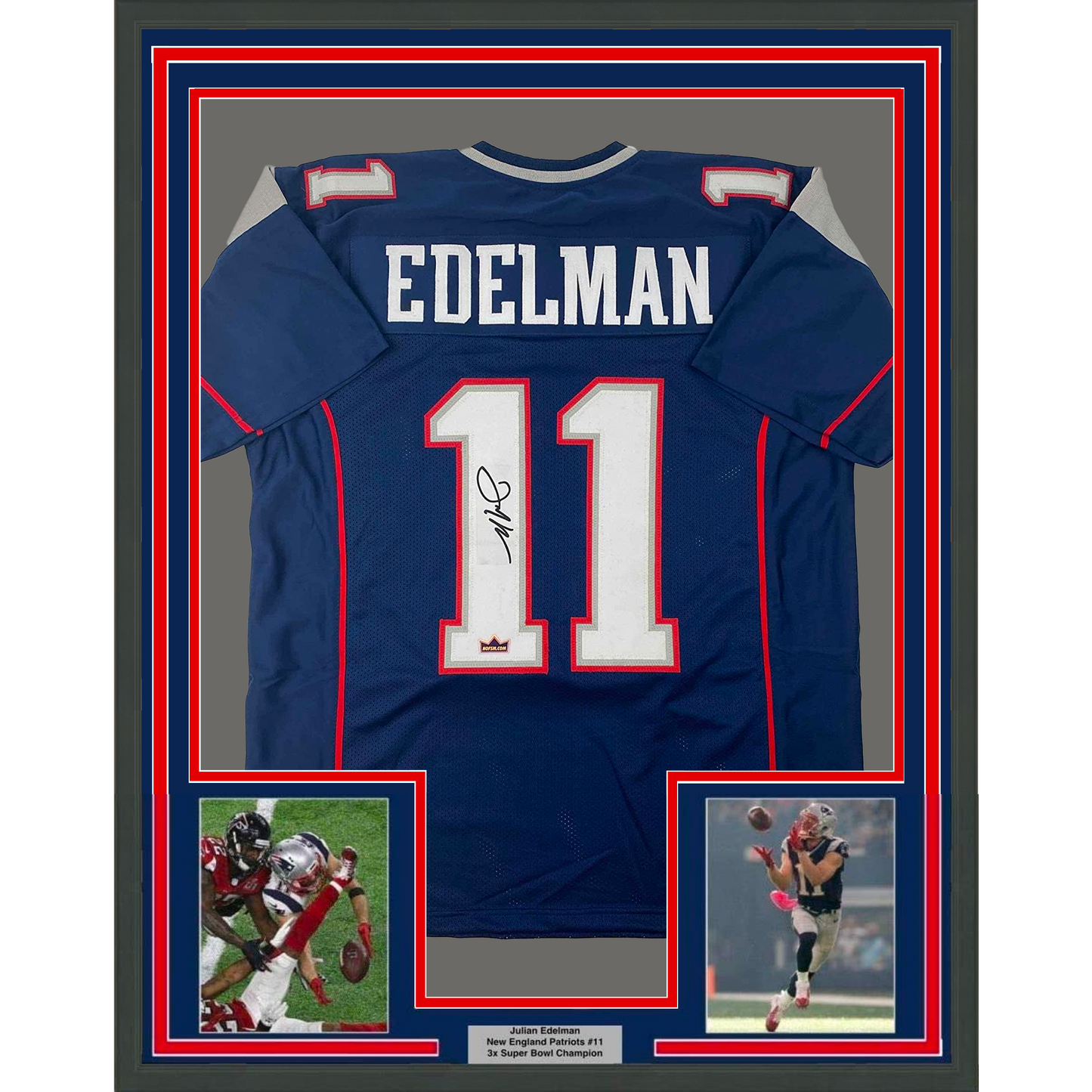 Framed Facsimile Autographed Julian Edelman 35x39 New England Blue Reprint Laser Auto Football Jersey