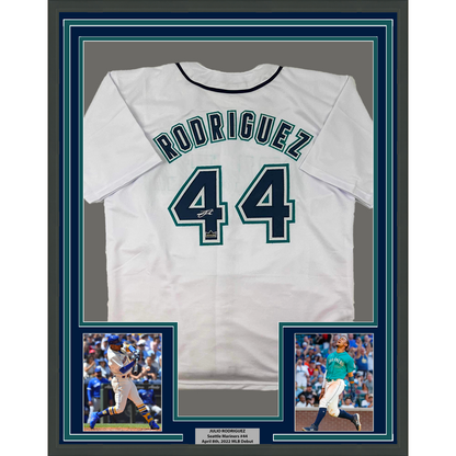 Framed Facsimile Autographed Julio Rodriguez 35x39 Seattle White Reprint Laser Auto Baseball Jersey