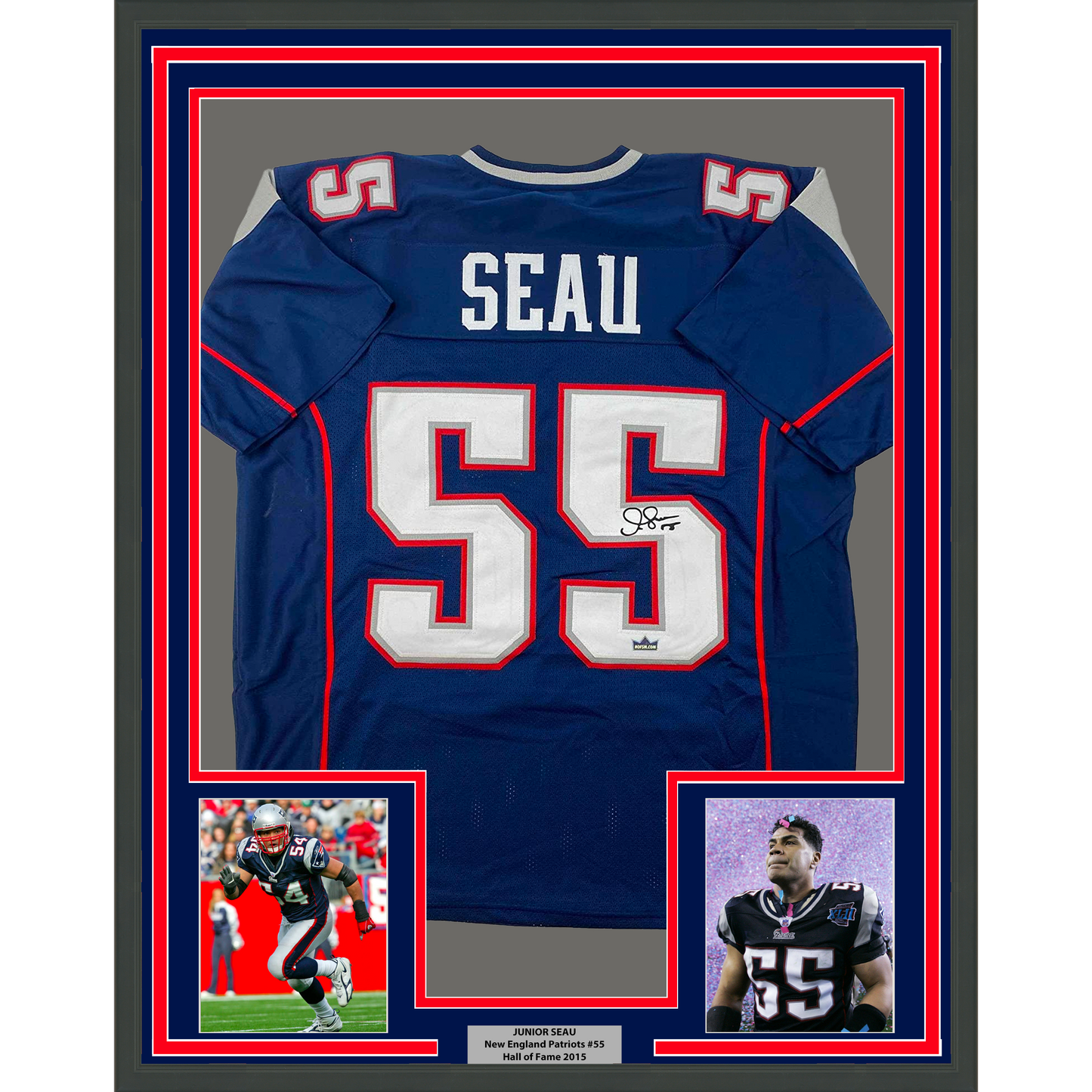 Framed Facsimile Autographed Junior Seau 35x39 New England Blue Reprint Laser Auto Football Jersey