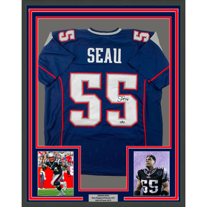 Framed Facsimile Autographed Junior Seau 35x39 New England Blue Reprint Laser Auto Football Jersey