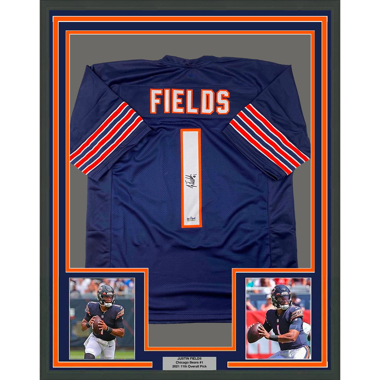 Framed Facsimile Autographed Justin Fields 35x39 Chicago Blue Reprint Laser Auto Football Jersey