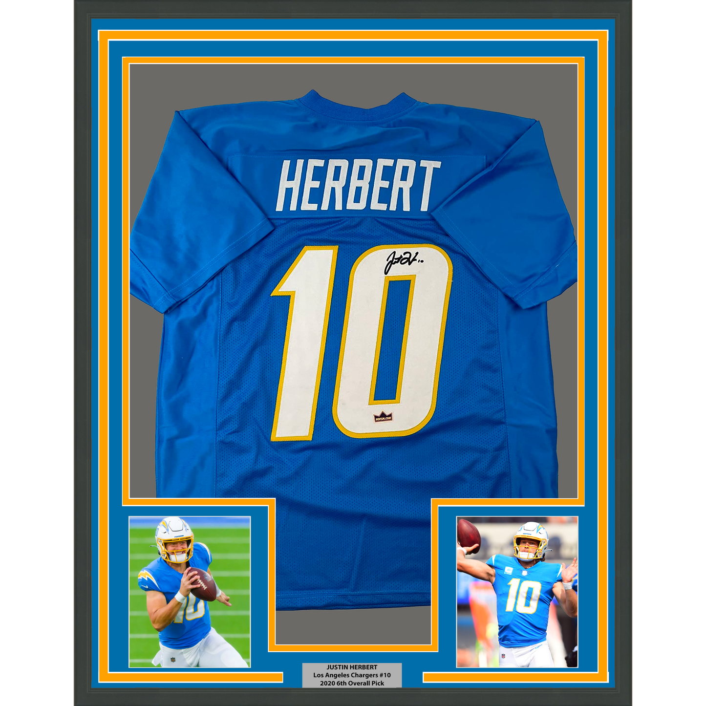 Framed Facsimile Autographed Justin Herbert 35x39 Los Angeles LA Powder Blue Reprint Laser Auto Football Jersey Size Men's XL