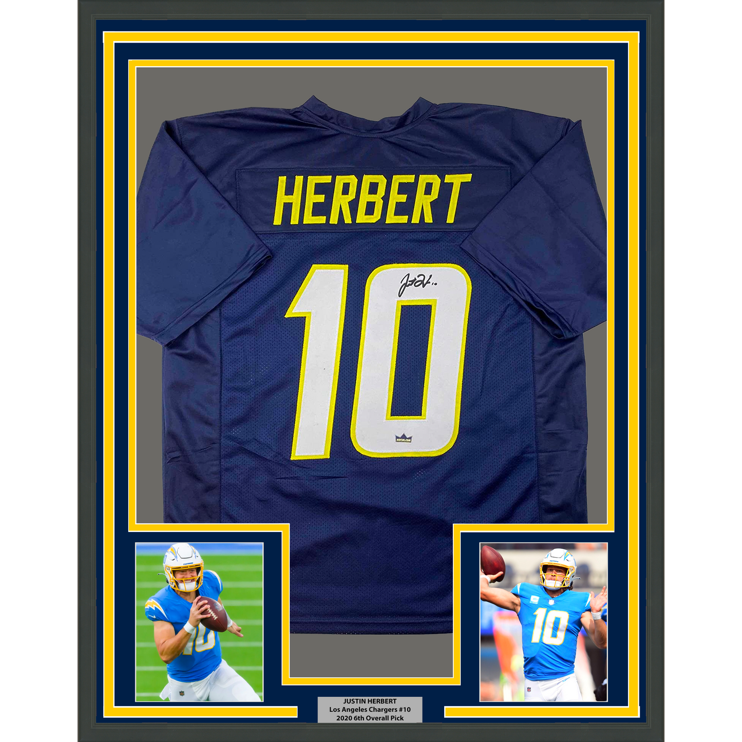 Framed Facsimile Autographed Justin Herbert 35x39 Los Angeles LA Dark Blue Reprint Laser Auto Football Jersey