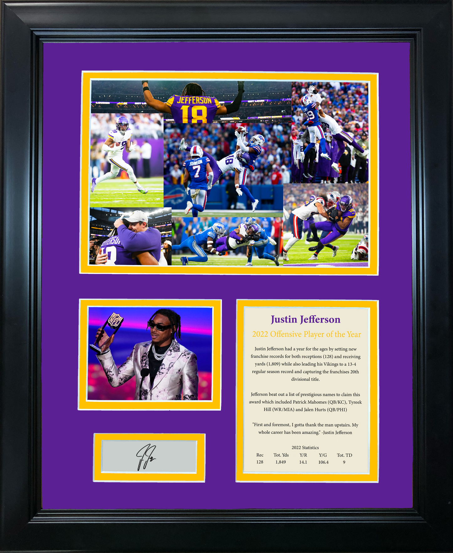Framed Justin Jefferson 2022 Offensive Player of the Year Award Facsimile Laser Engraved Signature Auto Minnesota Vikings 11"x14" Football Photo Sig Collage