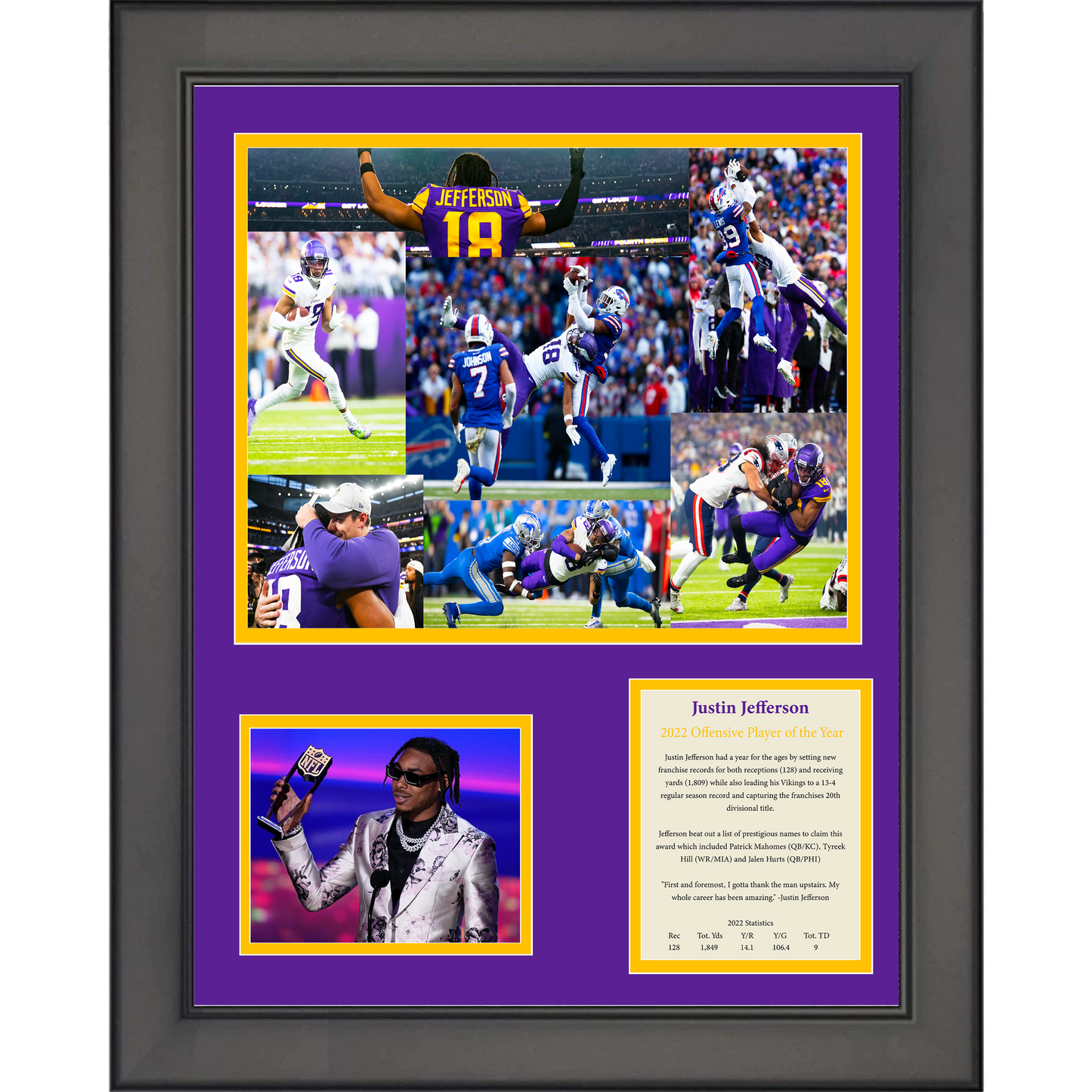 Framed Justin Jefferson 2022 Offensive Player of the Year Award Minnesota Vikings 11"x14" Football Three Photo Collage