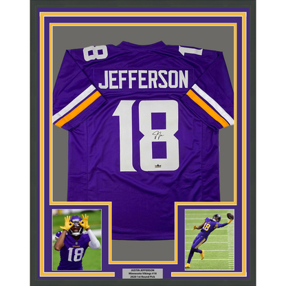 Framed Facsimile Autographed Justin Jefferson 35x39 Minnesota Purple Reprint Laser Auto Football Jersey