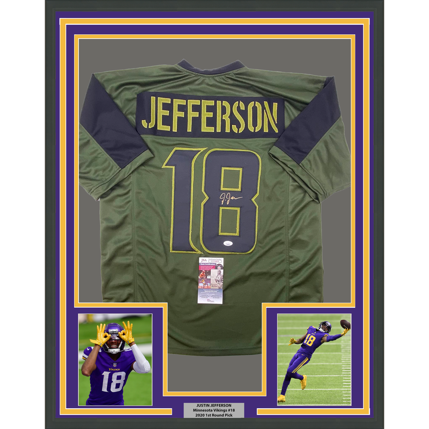 Framed Autographed/Signed Justin Jefferson 35x39 Green Salute To Service Football Jersey JSA COA