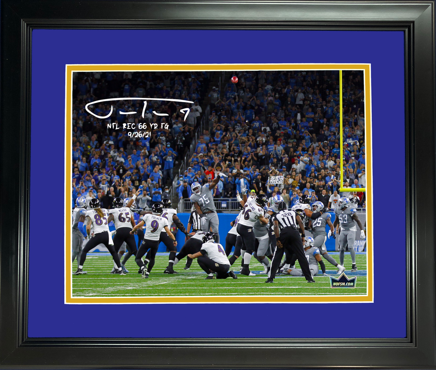 Framed Justin Tucker NFL Record 66-Yard Field Goal Facsimile Laser Engraved Signature Auto Baltimore Ravens 11"x14" Football Photo HOFSM Holo